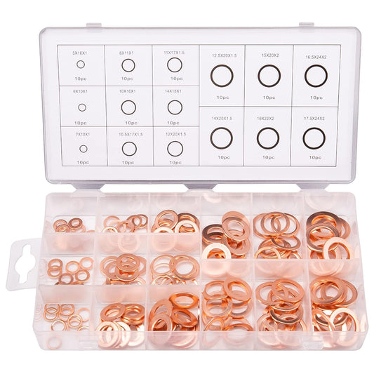 Toolwiz 150PCS 15 Sizes Copper Washers Metric Sealing Assortment Set Flat Ring Sump Plug Crush Washer Oil Drain Plug Gasket Seal Assortment Set M5/6/7/8/10/10.5/11/12/12.5/14/15/16/16.5/17.5
