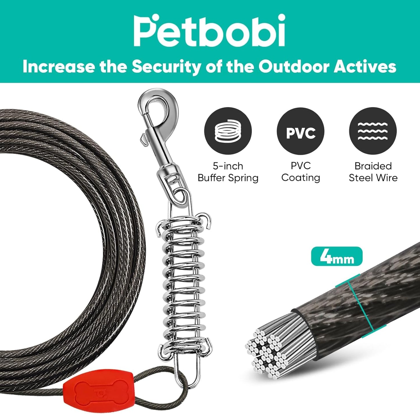 Petbobi Dog Tie-Out Cable and Stake - 30ft Heavy Duty Cable with Spring, No Tangle, 16in Ground Stake, Ideal for Yard, Camping and Beach, Suitable for Small Medium Large Dogs Up to 120 lbs, Blue