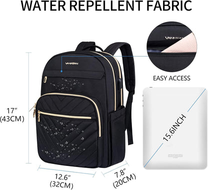 VANKEAN Laptop Backpack for Women Men Work Laptop Bag Fashion with USB Port, Daypacks for College, Business (Black, 15.6 Inch)