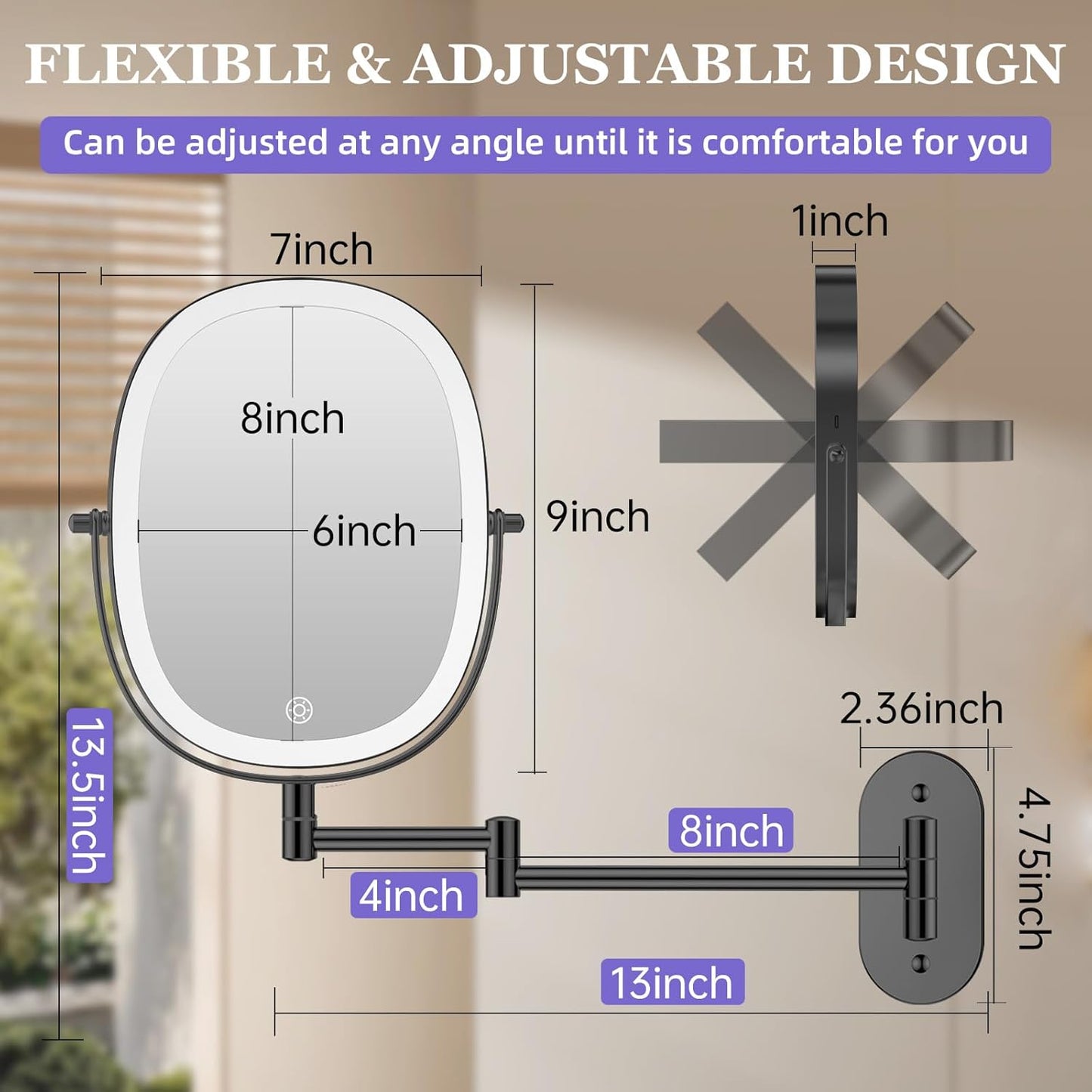FUNTOUCH 5000mAh Rechargeable Wall Mounted Makeup Mirror, Double Sided Touch Switch 20X/1X Rectangle Wall Mounted Magnifying Mirror with Light, 3 Color Setting, Extended Arm 360°Swivel Foldable,Black