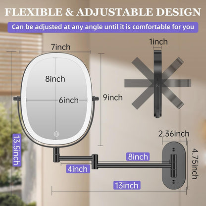 FUNTOUCH 5000mAh Rechargeable Wall Mounted Makeup Mirror, Double Sided Touch Switch 20X/1X Rectangle Wall Mounted Magnifying Mirror with Light, 3 Color Setting, Extended Arm 360°Swivel Foldable,Black