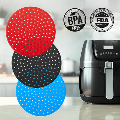 Collapsible Silicone Air Fryer Basket Liners Pot - AirFryer Liners Reusable Bowls for 5 Quart or Bigger - Air Fryer Accessories 2 Pack - Round Silicone Liners (Red & Black)