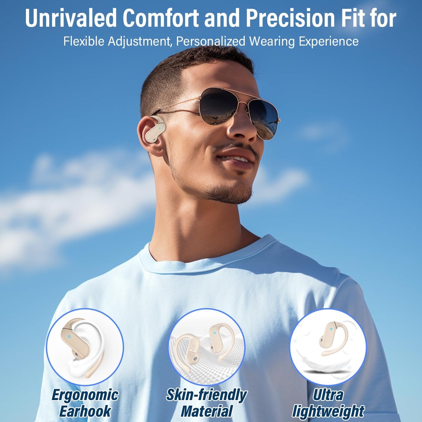 Open Ear Headphones, Bluetooth 5.4 Wireless Earbuds with HD Clear Calls, 32Hrs Immersive Stereo Air Conduction Earphones with Earhooks, LED Display, IPX7 Lightweight Open Ear Buds for Sports Blue