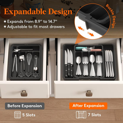 Lifewit Cutlery Organizer, Expandable Utensil Organizer for Kitchen, Utensil Holder, Adjustable Cutlery Rack Organizer for Spoons, Knives, Kitchen Organizers and Storage, Black