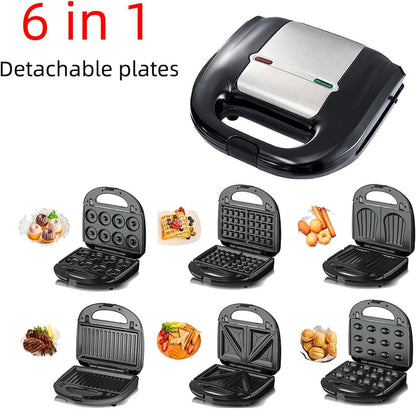 6 in 1 Mini Donut Maker, Double Sided Heating Waffle Maker Sandwich Maker Grill Maker Madeleines Maker Nut Cake Maker Non Stick Small Breakfast Machine with 10 Removable Plates