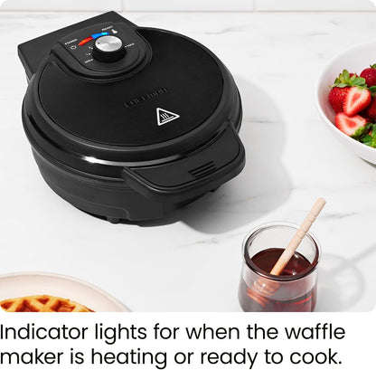 Chefman Anti-Overflow Belgian Waffle Maker w/ Shade Selector, Temperature Control, Mess Free Moat, Round Iron w/ Nonstick Plates & Cool Touch Handle, Measuring Cup Included, Red