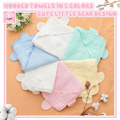 Preboun 6 Pcs Muslin Baby Bath Towel with Hood 6 Layers Cute Hooded Baby Towels Cotton Absorbent Baby Hooded Towel for Newborn Kids Girl Infant Boys Toddler Shower Gift Supplies (Multicolor)