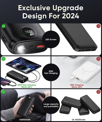 Portable Charger with Built in Cable Power Bank 40000mAh PD 30W Fast Charger Battery Pack Built-in Type-C/iOS Cable and Flashlight Compatible with iPhone Samsung Google iPad etc