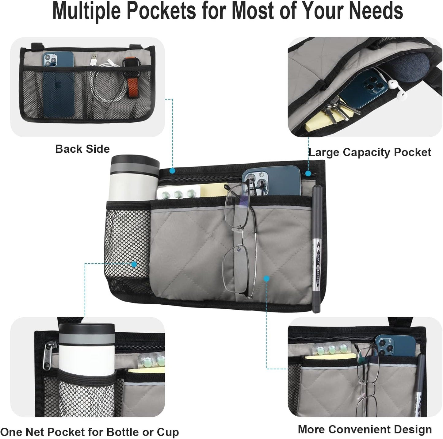 Wheelchair Side Bag, Wheelchair Armrest Storage Pouch with Cup Holder and Reflective Strip for Wheelchairs, Walkers or Rollators (Black)
