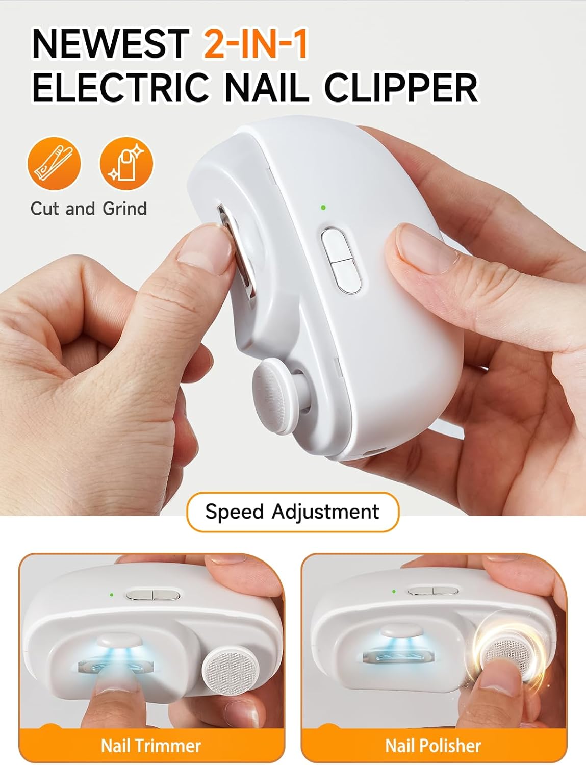 Electric Nail Clipper - 3 in 1 Fingernail Trimmer, Polisher & Clip Storage with LED Light, USB Rechargeable & 2 Speed Gears Automatic Safety Nail Cutter for Baby, Kids, Seniors, Caregivers (White)