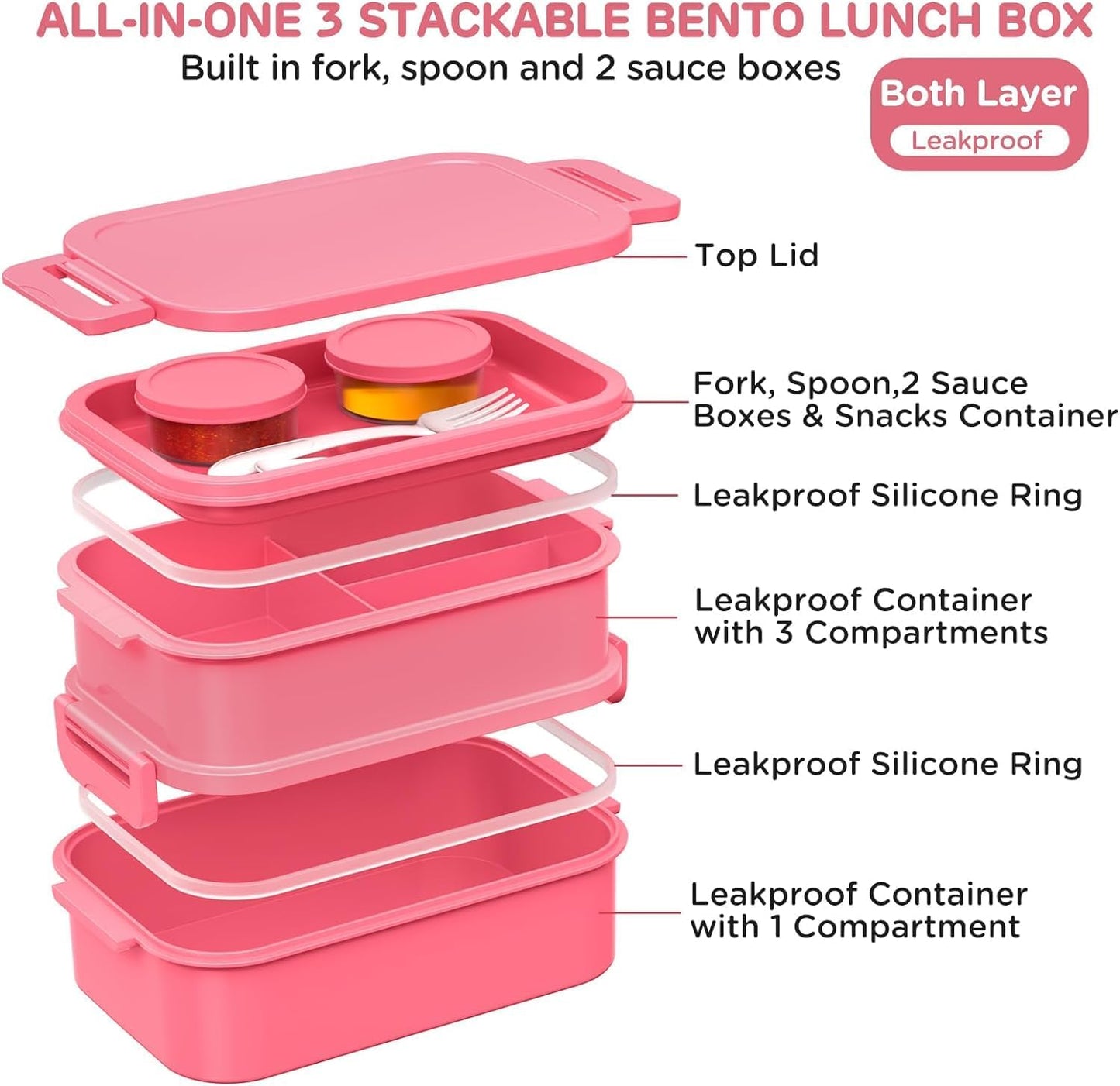 JSCARES Lunch Box Adults Bento Box - All-in-One Stackable 74 OZ Lunch Box Containers for Adult Large Bento Box with Fork Spoon Sauce Boxes, Leakproof Lunchbox for Work School Dining Out (Green)