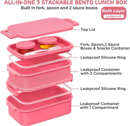 JSCARES Lunch Box Adults Bento Box - All-in-One Stackable 74 OZ Lunch Box Containers for Adult Large Bento Box with Fork Spoon Sauce Boxes, Leakproof Lunchbox for Work School Dining Out (Green)