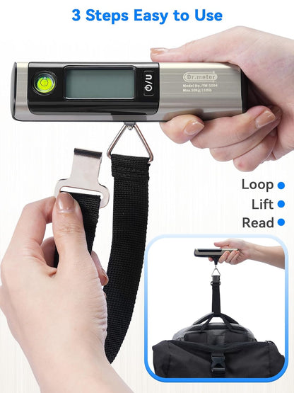 Luggage Scale, Dr.meter Digital Hanging Weight Scale with Tape Ruler, Portable Suitcase Scale 110lb/50kg Backlight LCD Display Electronic Scale Travel Essentials Traveler Gifts, Overload Alarm-Silver