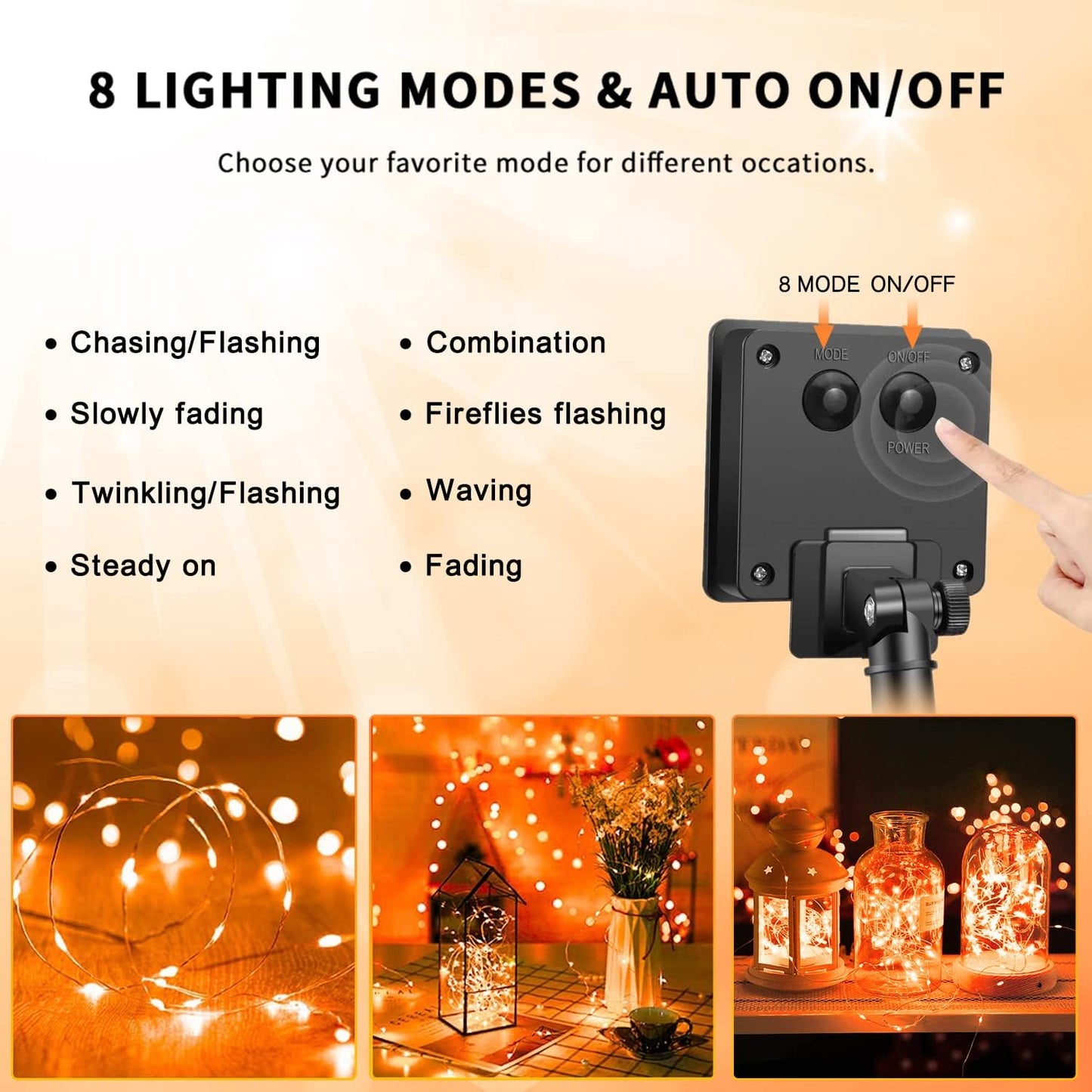 Solar Halloween Decoration Lights, JMEXSUSS 2 Pack 33FT 100 LED Orange and Purple Halloween String Lights, Halloween Lights with 8 Modes for Halloween Tree Yard Outdoor Spooky Party Garden Decorations