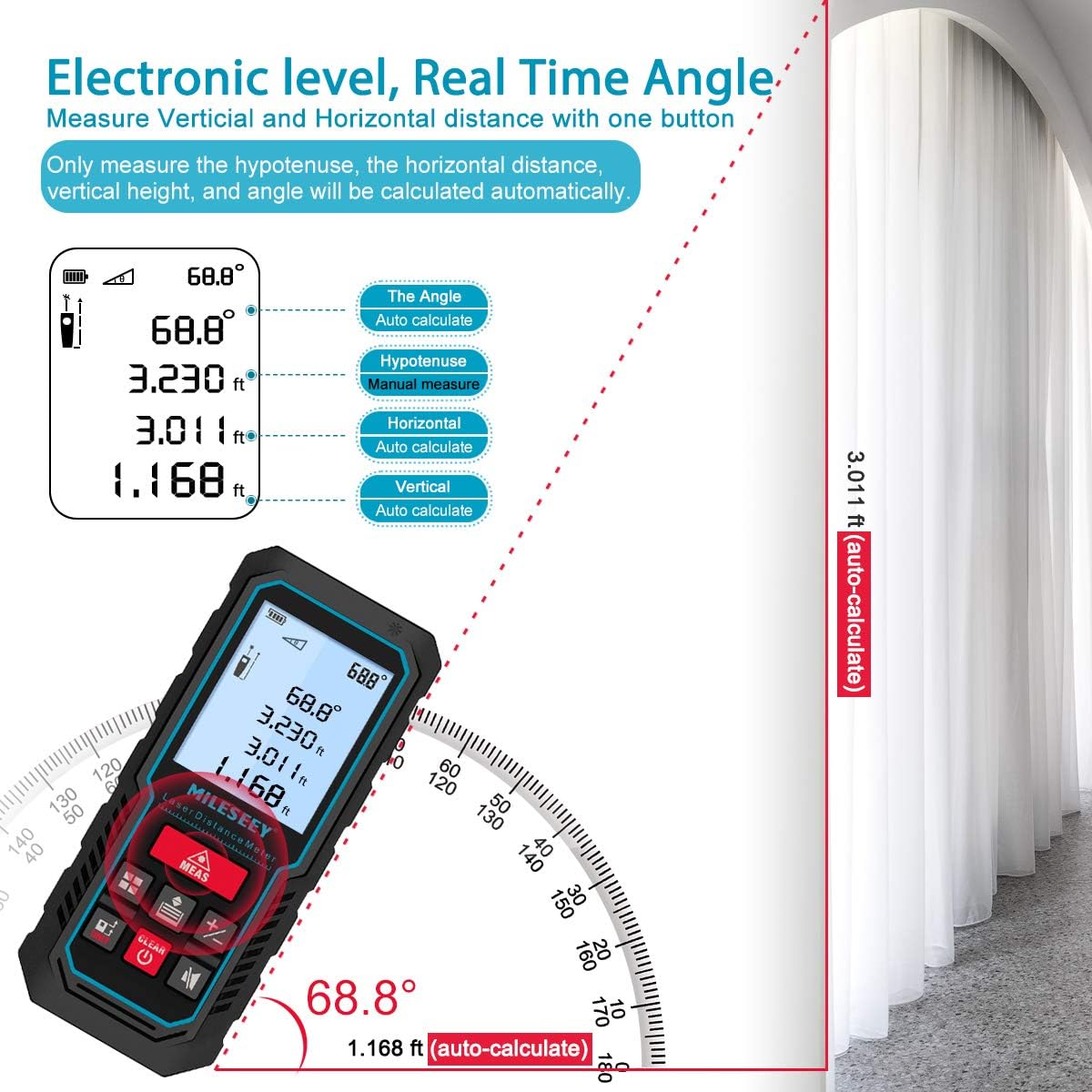 229Ft Laser Measure Device, Mileseey Digital Laser Tape Measure with Upgraded Electronic Angle Sensor, ±2mm Accuracy, Area Measurement,Volume and Pythagoras, Backlit LCD,Mute, Battery Included