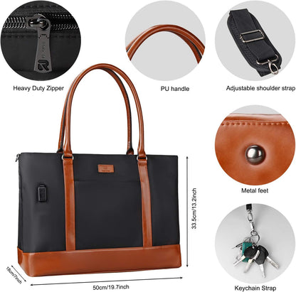 Laptop Bag for Women 17.3 Inch Laptop Tote Bag Large Work Tote Bag Waterproof Work Bag Teacher Bag with USB Charging Port Computer Tote Bag Nylon Handbag Satchel Shoulder Bag(17.3 inch, Black) - PuriLite