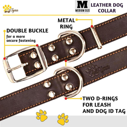 ADITYNA Heavy-Duty Leather Dog Collar for Medium Dogs - Soft and Strong, 100% Genuine Leather - Collier Pour Chien (Medium: Fit 13" - 20" Neck, Brown)