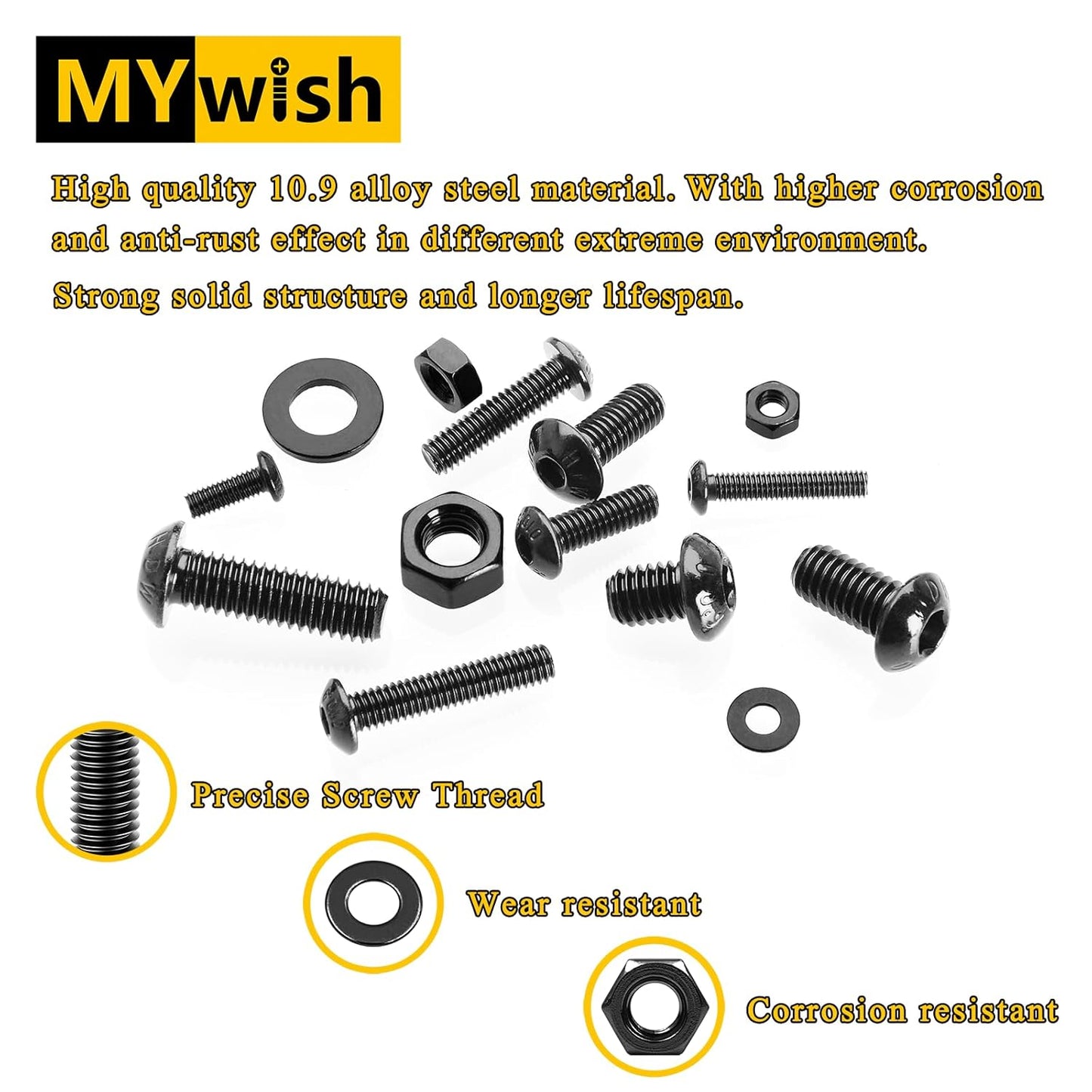 Mywish 900Pcs Metric Screw Assortment, M3 M4 M5 M6 Screw Assortment Kit 304 Stainless Steel Hex Socket Button Head Socket Cap Metric Screws Bolts & Flat Washers/Nuts/Hex Wrenches 16 Sizes 8MM to 20MM