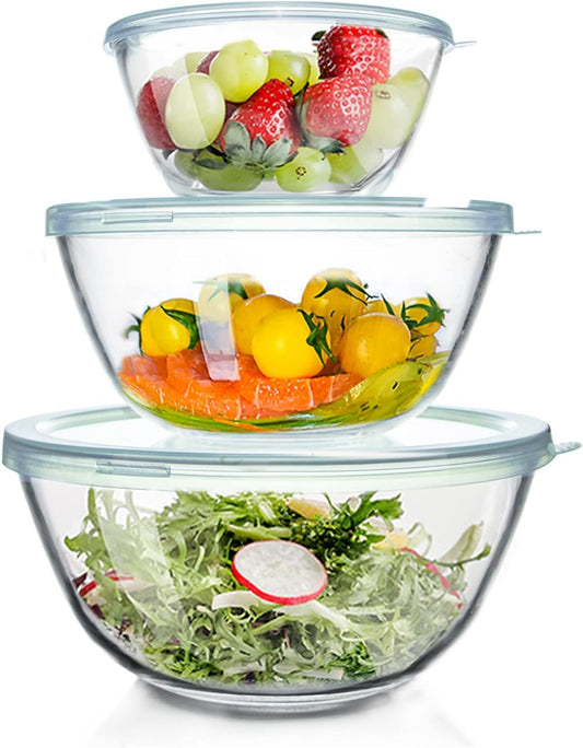 Whiterhino Glass Mixing Bowls with Lids Set of 3（4.5QT,2.7QT, 1.1QT, Large Clear Salad Fruit Nesting Bowl for Cooking,Baking,Prepping,Serving and Storage,Dishwasher and Microwave Safe