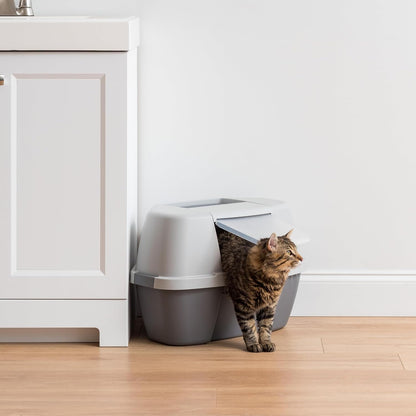 IRIS USA Cat Litter Box, Large Corner Litter Box Enclosure with Scoop, Litter Box with Lid, Handle and Buckles for Portability and Privacy, Gray