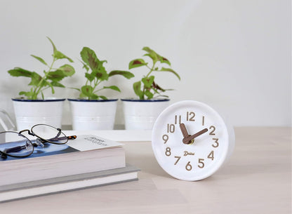 Driini Wooden Analog Desktop Clock – 4.3 in. Decorative Pinewood Clock, No-Tick Design – Easy to Read Silent Sweep Mantle Clock – Quiet Tabletop Clocks with Wood Body, Hands, & Battery Cover; Blue