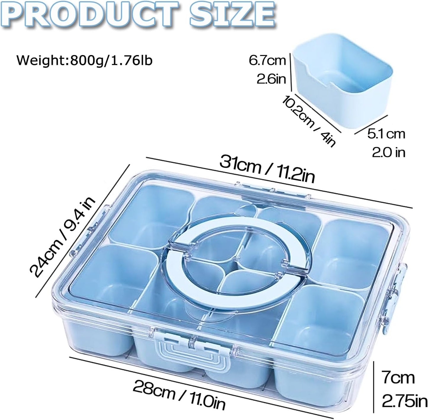 KIGITIONE Snackle Box, Pink 8 Compartments Portable Serving Tray, Divided Snackle Box Container with Lid and Handle, Snack Organizer for Fruits, Snacks, Nuts, Candy, Ideal for Party, Travel & Picnics