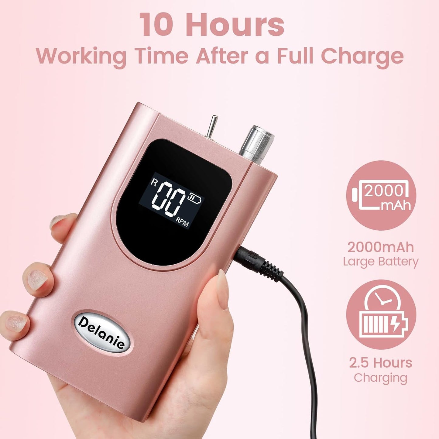 Delanie Professional Nail Drill High Torque 35000 RPM Rechargeable Portable Electric Nail File for Acrylic & Gel, High Speed, Low Heat, Low Vibration, Rose Gold