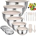 Mixing Bowls with Airtight Lids Set, 26PCS Stainless Steel Khaki Bowls with Grater Attachments, Non-Slip Bottoms & Kitchen Gadgets Set, Size 7, 4, 2.5, 2.0,1.5, 1QT, Great for Mixing & Serving