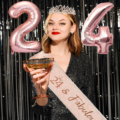 8pcs 40th Birthday Decorations gifts for Women, Including 40th Happy Birthday Cake Topper, Queen Sash with Pearl Pin, Sweet Rhinestone Tiara Crown for Women, Number Candles and Balloons (Rose Gold)