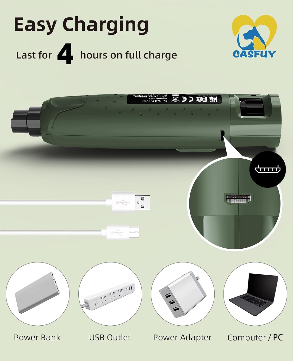 Casfuy Dog Nail Grinder Quiet - (45db) 6-Speed Pet Nail Grinder with 2 LED Lights for Large Medium Small Puppy Dogs/Cats, Professional 3 Ports Rechargeable Electric Dog Nail Trimmer with Dust Cap(AG)