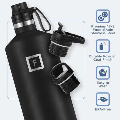 Camping & Hiking Hydration Canteens - 24oz 3 Lids (Narrow Straw/Spout Lid) Leak Proof Vacuum Insulated Stainless Steel - Hot & Cold Double Walled Sports Water Bottle