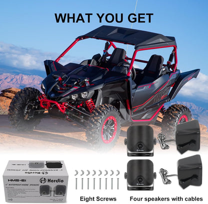 Herdio 4 Inches Heavy Duty Waterproof Boat Marine Box Outdoor Speakers Surface Mounted for Skid Steer ATV UTV RZR RV Golf Cart Tractor Powersports Boat Truck Jeep(4 Black Speakers)
