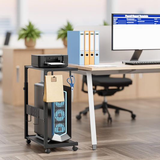 JANE EYRE - Adjustable Computer Tower Stand - CPU Stand with Charging Station for Office, Home, Classroom, 23-28.3 Inches Tall, Black