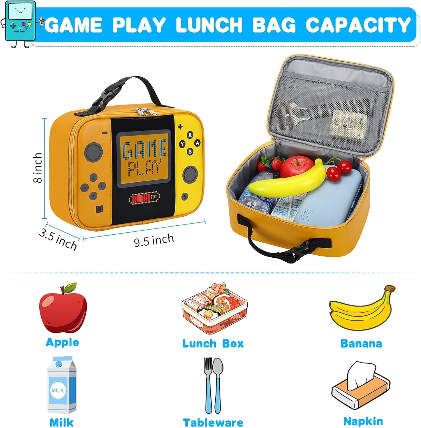 Kids Lunch Bag Insulated Back to School Reusable Tote Lunch Box for Girls Boys-Game Play