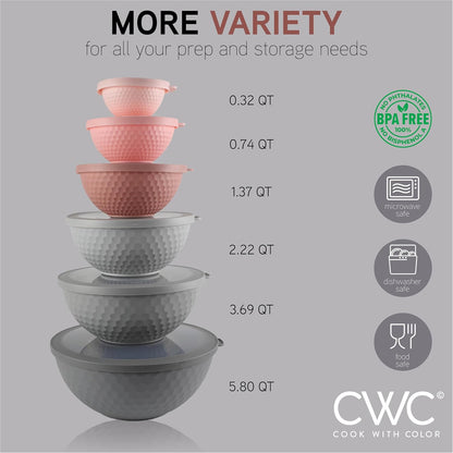 COOK WITH COLOR Mixing Bowls with TPR Lids - 12 Piece Plastic Nesting Bowls Set Includes 6 Prep Bowls and 6 Lids, Microwave Safe Mixing Bowl Set (Mint)