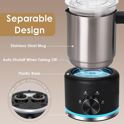 ByNaRIX Detachable Milk Frother, Food Grade Stainless Steel 17oz Electric Milk Steamer, Easy Clean Milk Warmer with Dishwasher Safe, Automatic Hot/Cold Foam Maker, Hot Chocolate Maker, Black
