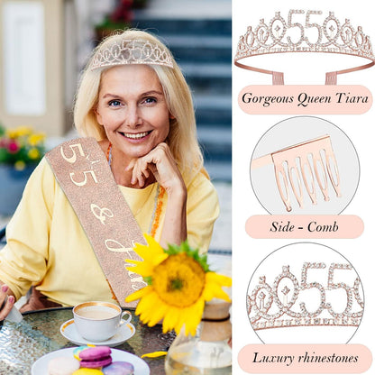 8pcs 40th Birthday Decorations gifts for Women, Including 40th Happy Birthday Cake Topper, Queen Sash with Pearl Pin, Sweet Rhinestone Tiara Crown for Women, Number Candles and Balloons (Rose Gold)