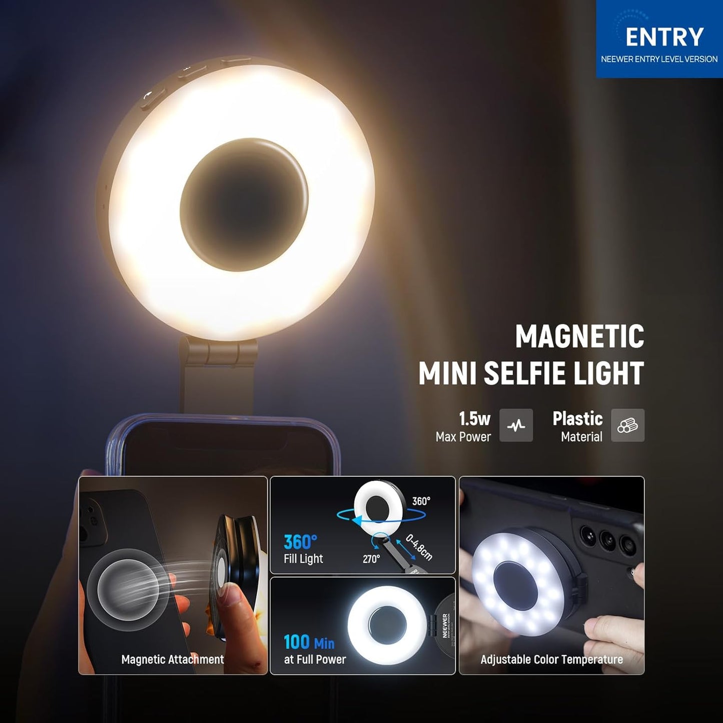 NEEWER ENTRY LEVEL VERSION Magnetic Selfie Light Compatible with MagSafe iPhone, 4 Mode CRI95+ 914lx 1.5W Plastic Folding Small LED Phone Fill Ring Lighting for Recording Makeup Video Conference,NL40R