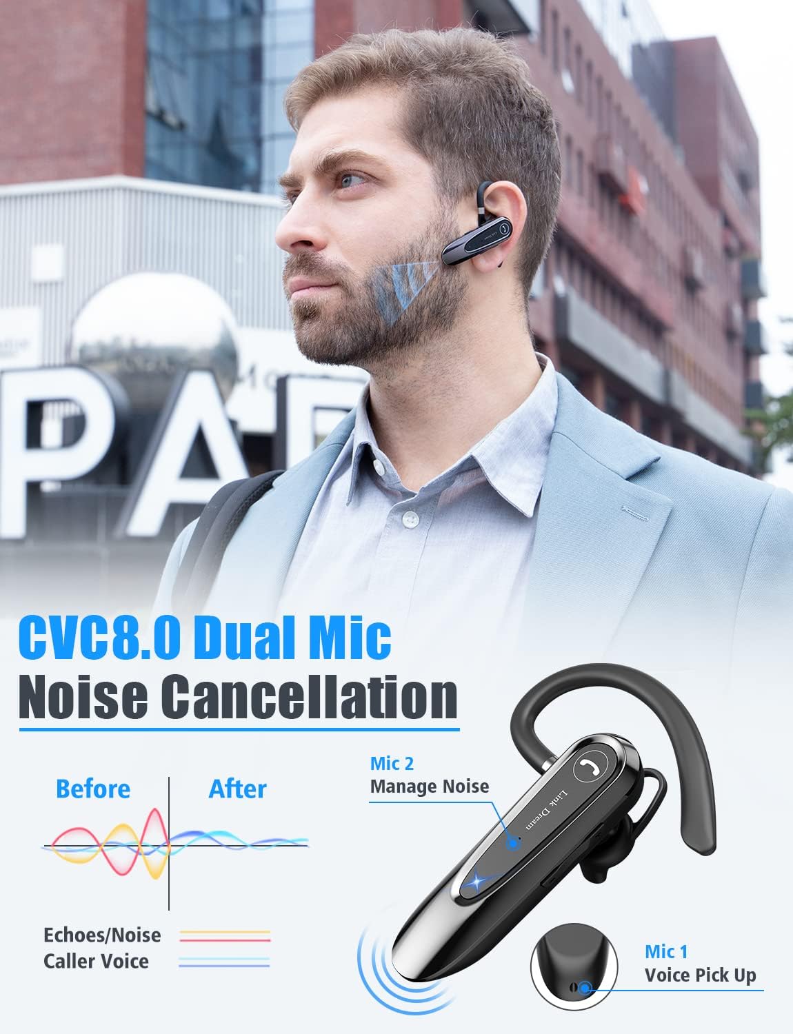Bluetooth Earpiece Link Dream Wireless CVC8.0 Headset for Cell Phone Dual Mic Noise Canceling Handsfree Phone Earpiece w/Mute 20Hrs Talk Time 180 Days Standby for iPhone Android Home Office Driving