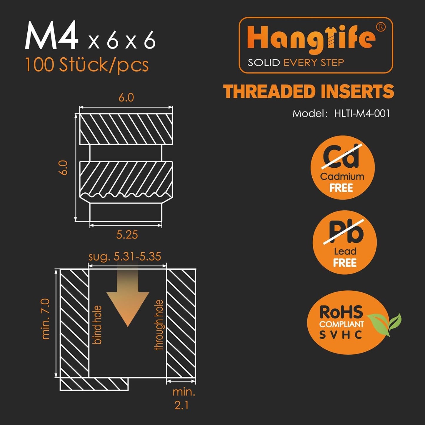 HANGLIFE Heat-Set Threaded Inserts, M3 Heat Set Insert for 3D Printing Components and Plastic Parts - Brass Metric Knurled Nuts (100 Pieces)