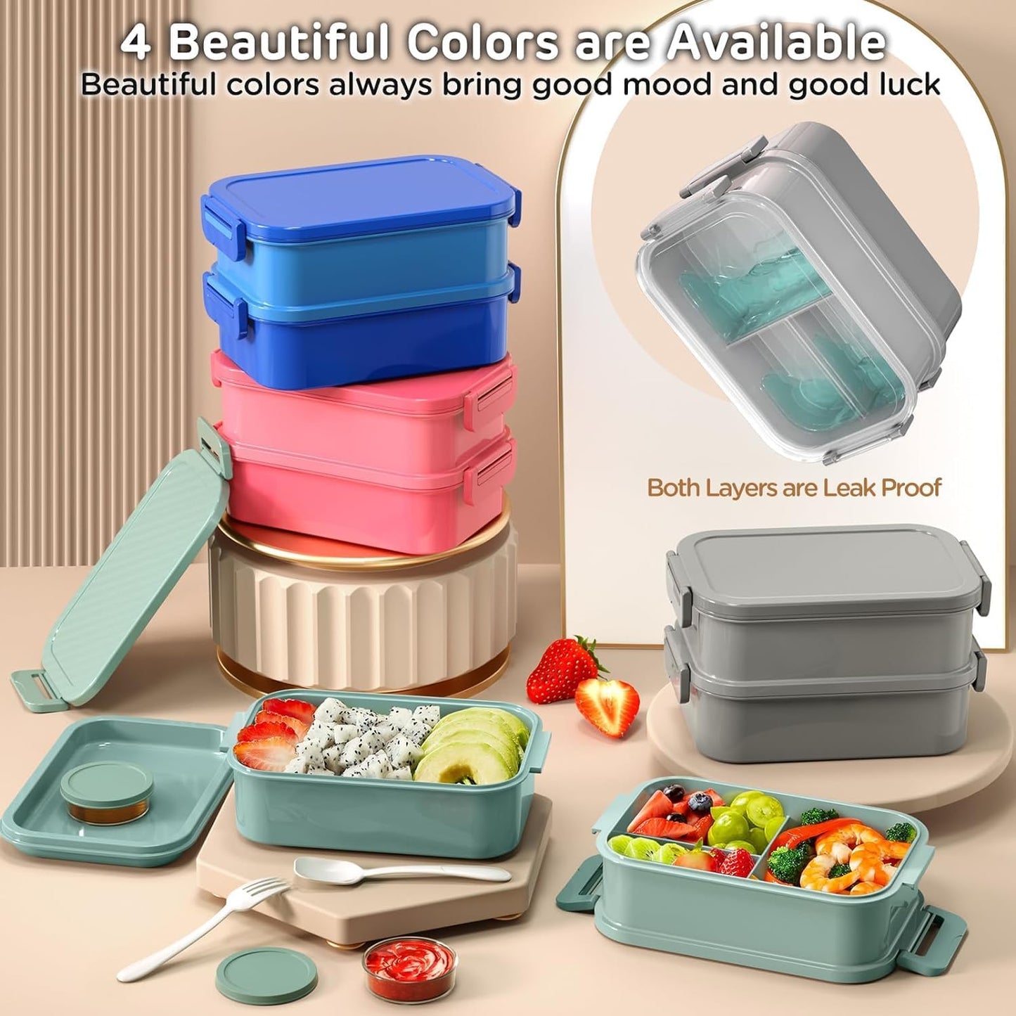 JSCARES Lunch Box Adults Bento Box - All-in-One Stackable 74 OZ Lunch Box Containers for Adult Large Bento Box with Fork Spoon Sauce Boxes, Leakproof Lunchbox for Work School Dining Out (Green)