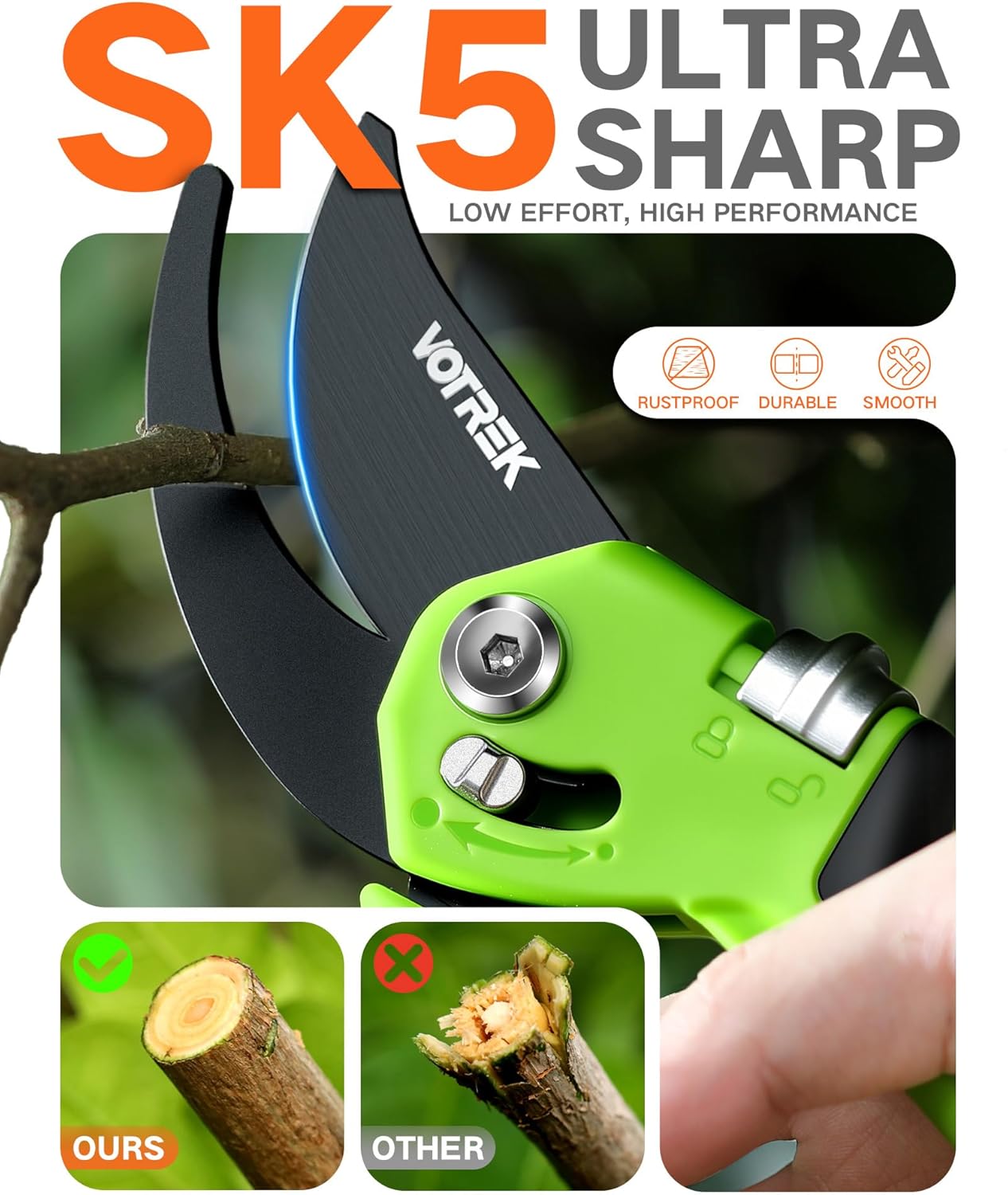 VOTREK Pruning Shears - 8.5" Heavy Duty Bypass Pruners for Gardening with Built-in Spring & SK5 Steel Blades - Ergonomic Adjustable Handle for All Hand Sizes, Garden Clipper Plant Scissors for Branch