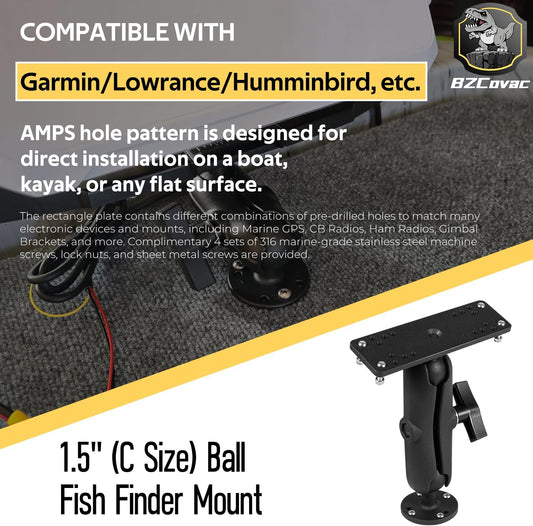 Aluminum Fish Finder Gimbal Mount with 1.5" / C Size Ball for Garmin, Lowrance, Humminbird & More - 360° Rotation & ±90° Tilt Adjustable Marine Electronics Depth Finder Mount - PuriLite