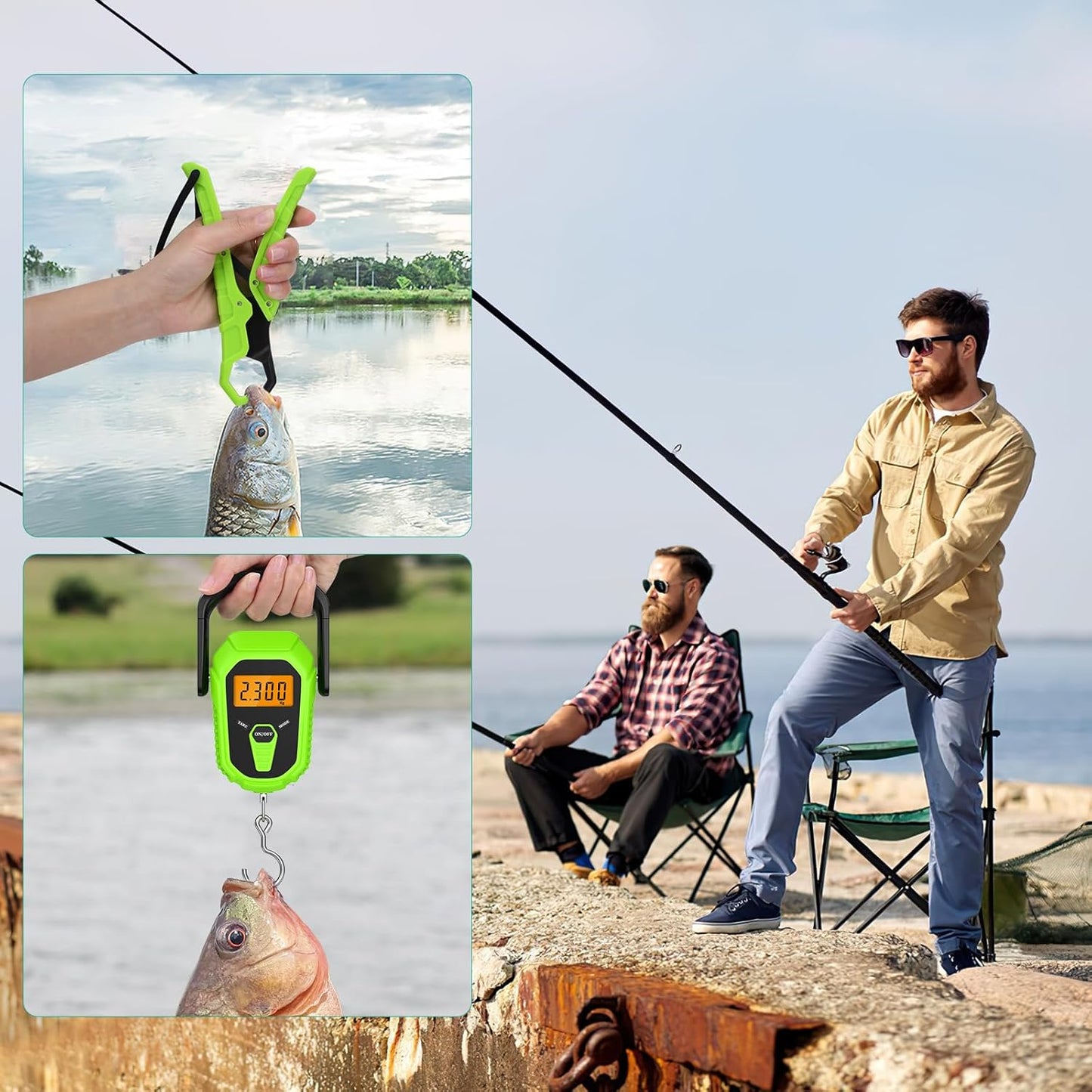 ORIA Digital Fish Scale With Ruler and Gripper, Baggage Weighing Scale, Backlit LCD Display, Portable for Outdoor Fishing (Green)