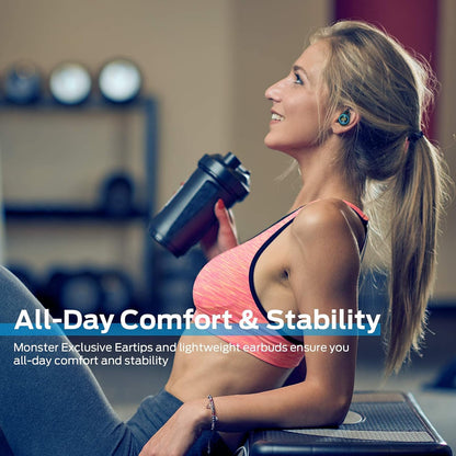 Monster Clarity 101Plus AirLinks Wireless Earbuds, Bluetooth 5.3 in-Ear Headphones with Charging Case, Stereo Earphones Deep Bass Sound, 28H Long Playtime, Water Resistant Design for Sports.