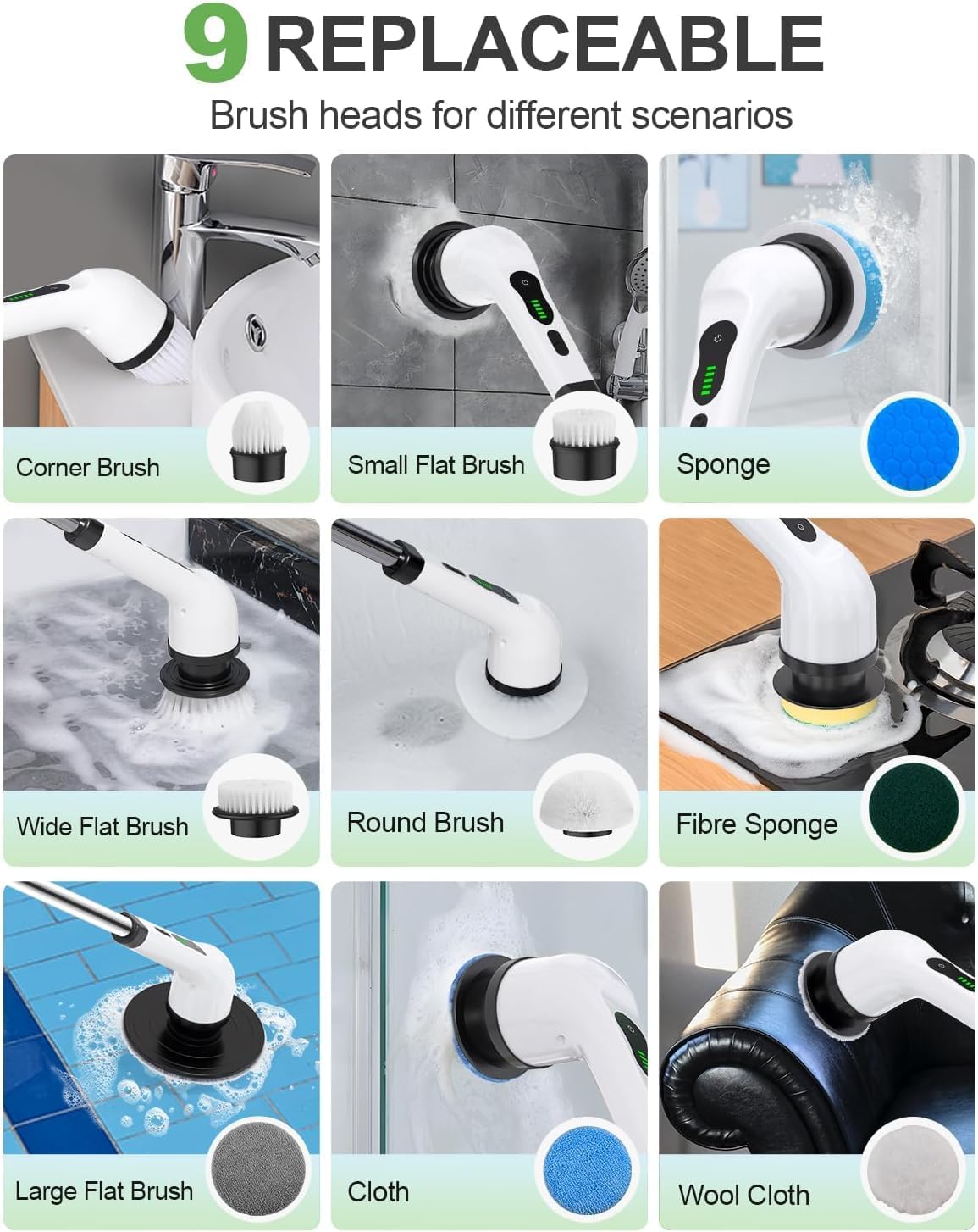 Electric Spin Scrubber, Cordless Kitchen Brushes, Bathroom Shower Cleaner with 9 Brush Heads, 2H Power Dual Speed, Adjustable Extension Handle, IPX7 Waterproof for Cleaning Brush