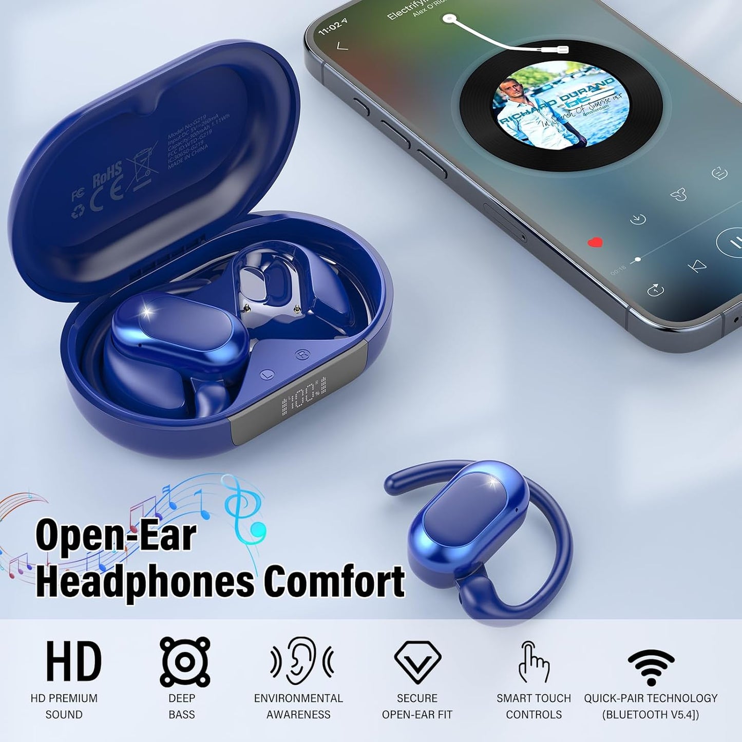 Open Ear Headphones, Bluetooth 5.4 Earphones 36H Playtime Air Conduction Headphones with Mic, Adjustable Earhook Earbuds with ENC Clear Calls/LED Display, IPX7 Waterproof Open Ear Earbuds Dark Purple