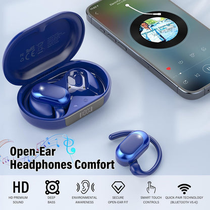Open Ear Headphones, Bluetooth 5.4 Earphones 36H Playtime Air Conduction Headphones with Mic, Adjustable Earhook Earbuds with ENC Clear Calls/LED Display, IPX7 Waterproof Open Ear Earbuds Dark Purple