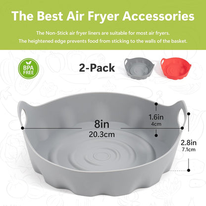 Li&Zhao Silicone Air Fryer Liners Reusable - 2 PCS Round Air Fryer Inserts Air Fryer Accessories 4 to 7 Qt Silicone Liners for Air Fryer Basket(Red & Gray)