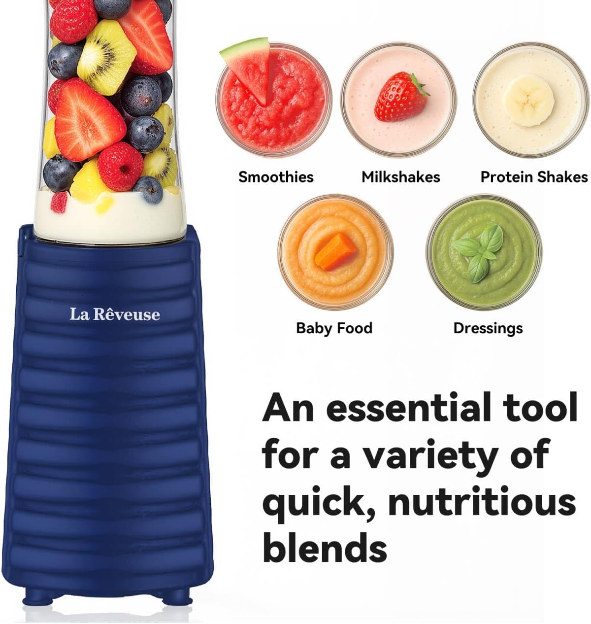 La Reveuse Smoothie Blender Personal Size 300 Watts with 2 Pieces 18 oz BPA-Free Travel Sports Bottles,Grey